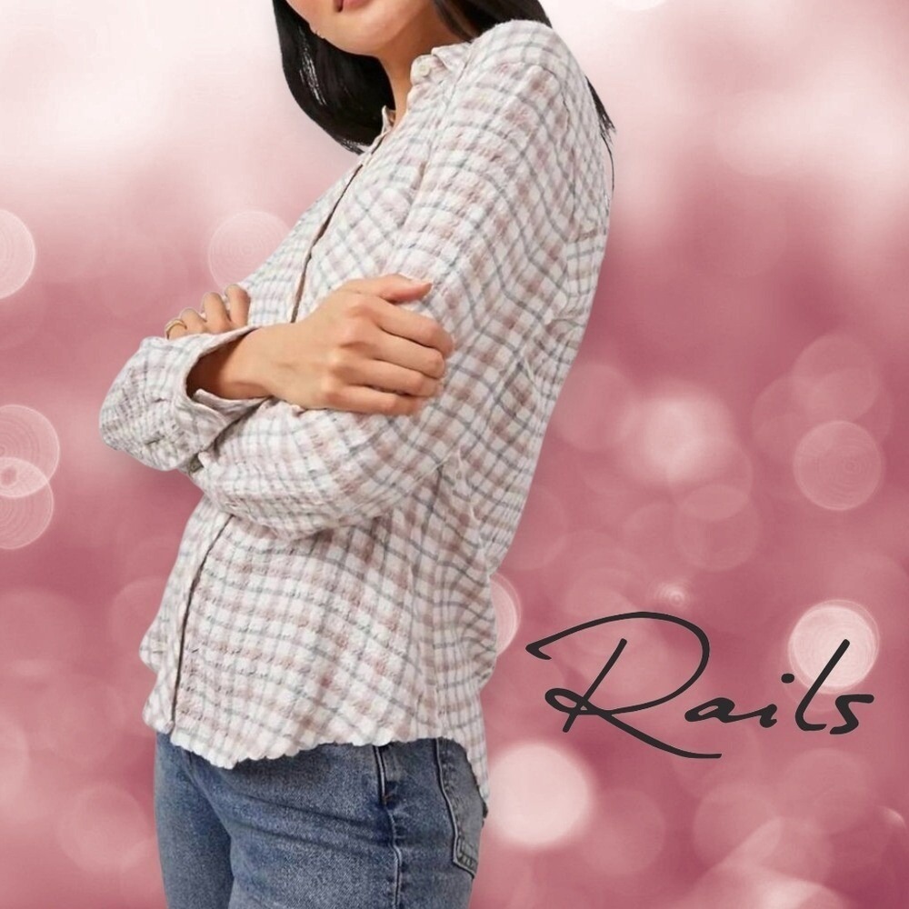 Rails Womens Brady Plaid Seersucker Button Down Shirt Powder Steel Blush Large